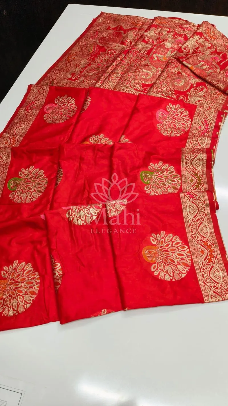 Red Dola Silk Saree, Meenakari Weave — Dola