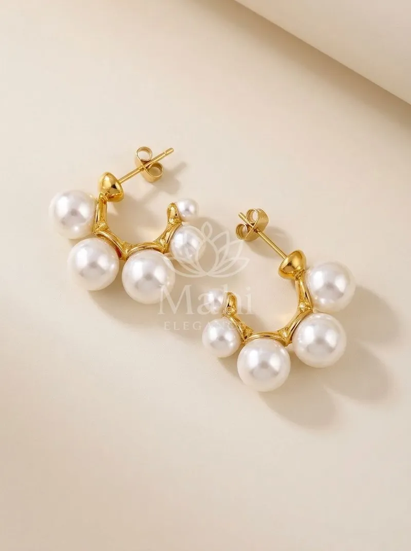 Graduated Pearl Cluster Hoops — Copper Alloy Earring