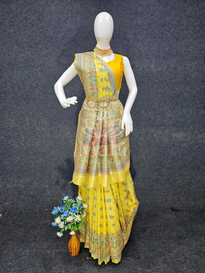 Lemon Yellow Pashmina Silk Saree, Woven Design — Pashmina