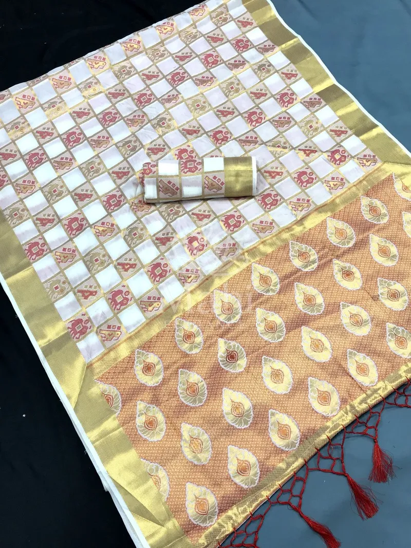 White Banarasi Silk Saree, Patola Weave — Patola