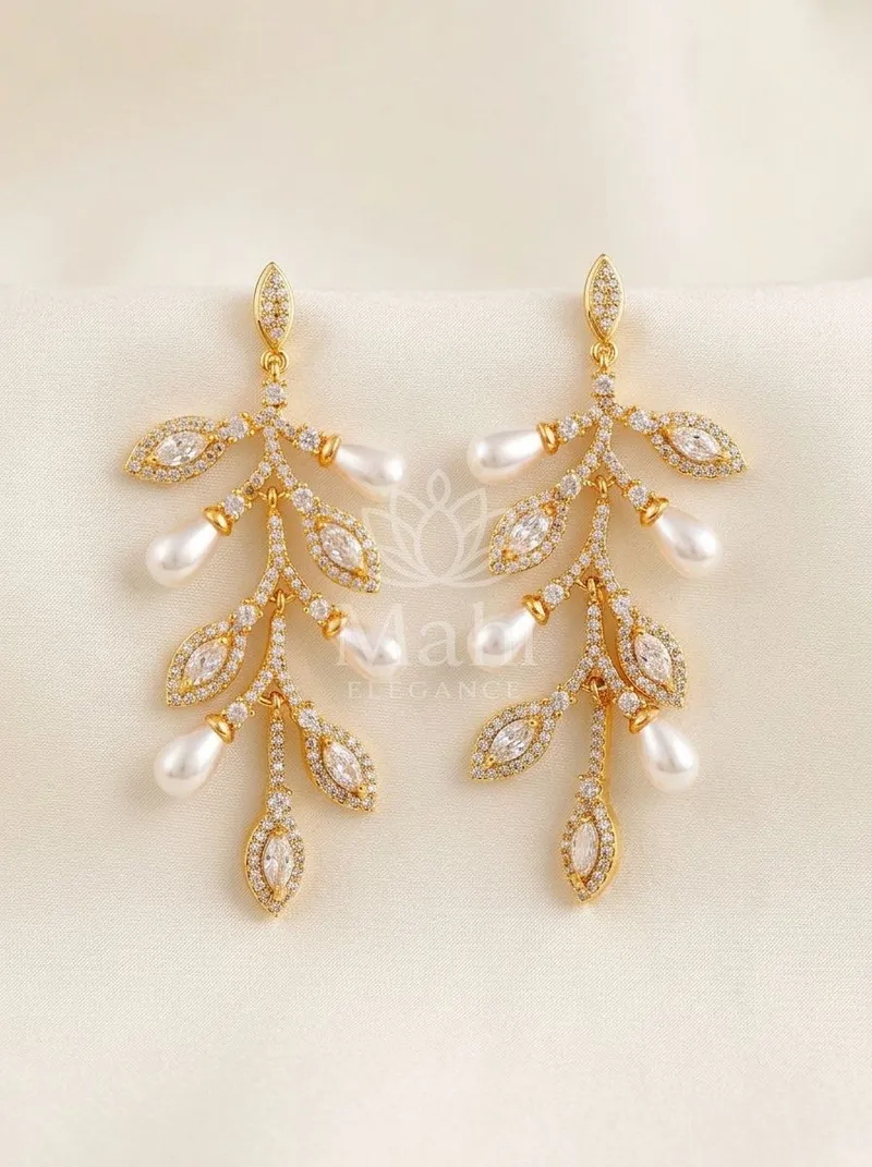 Leaf Vine Pearl Danglers — Copper Alloy Earring