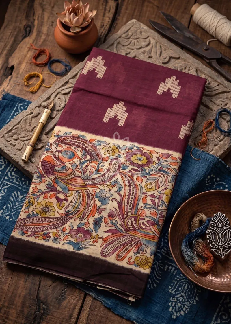 Magenta Soft Cotton Saree, Kalamkari Print — Cotton
