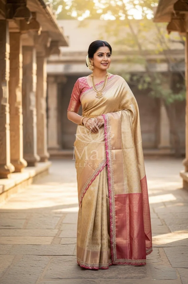 Gold Banarasi Tissue Silk Saree, Kaju Katli & Brocade Weave — Banarasi