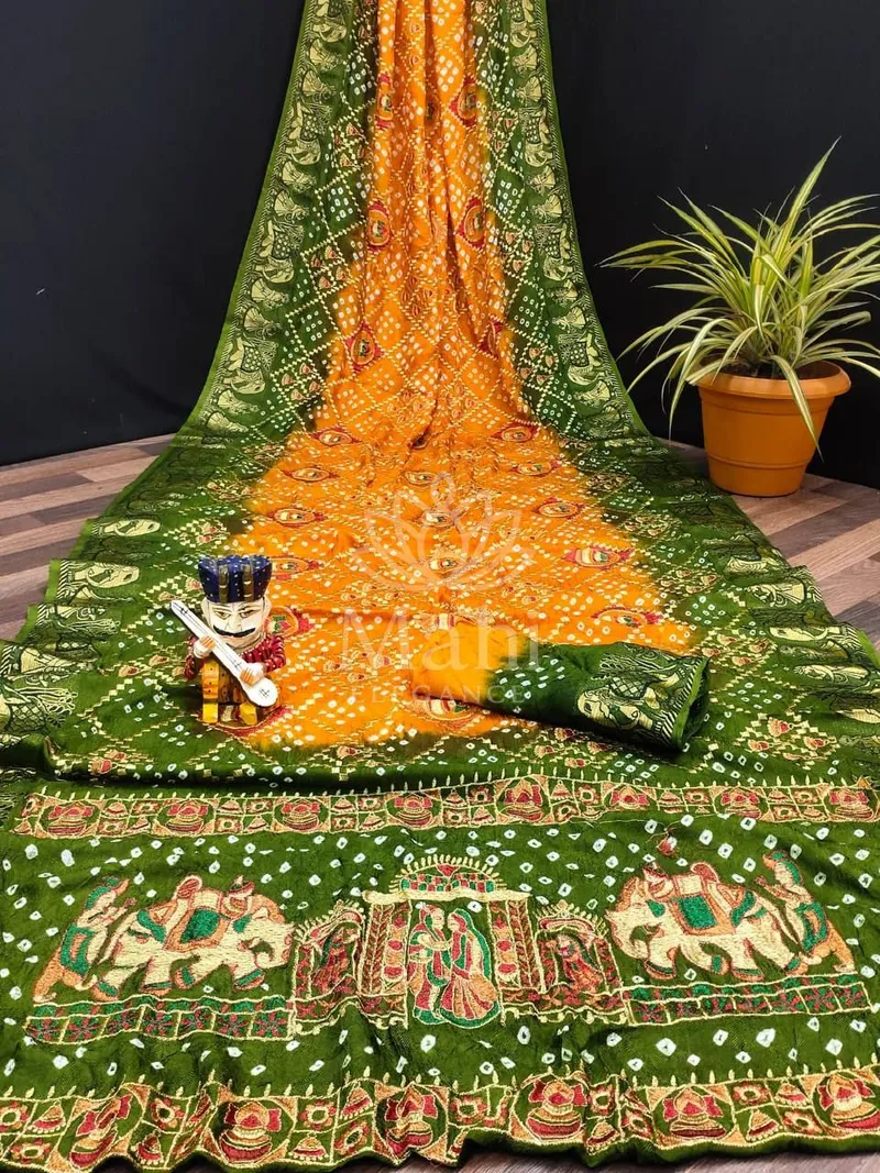 Multi Art Silk Saree, Hand Bandhej Kalash — Bandhani
