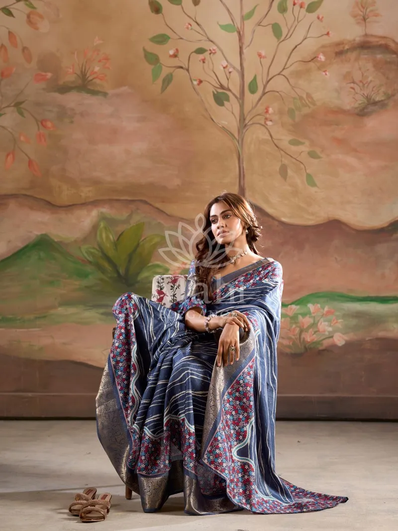 Blue Dola Silk Saree, Digital Printed Zari Border — Dola