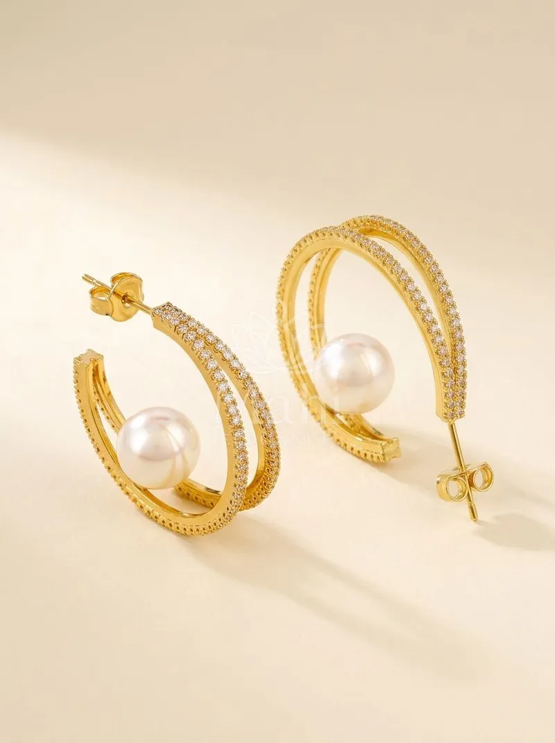 Pearl Studded Double Hoop Studs — Copper Alloy Earring
