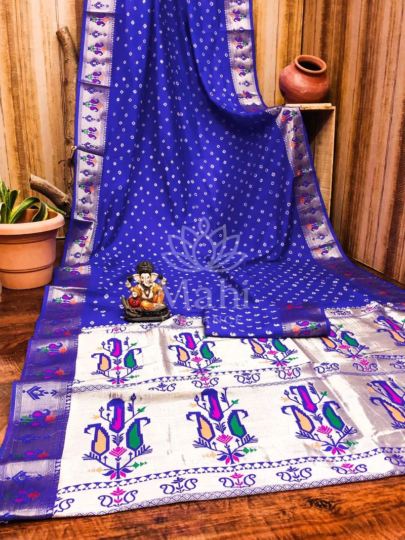 Violet Paithani Bandhej Silk Saree, Bandhani & Zari Weave — Bandhani