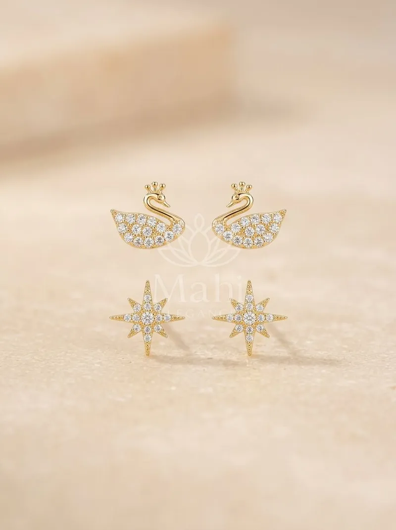 Swan And Starburst Studs — Copper Alloy Earring