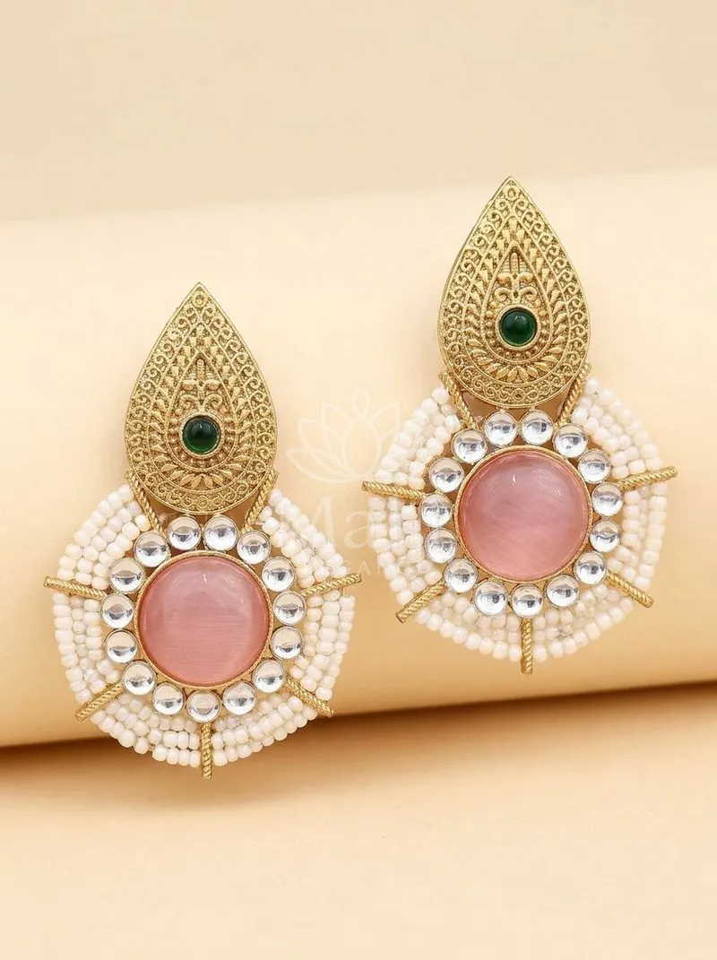 Beaded Floral Drop Studs — Brass Earring