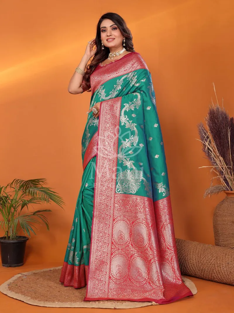 Mohini Green Banarasi Silk Saree, Zari Weave — Banarasi