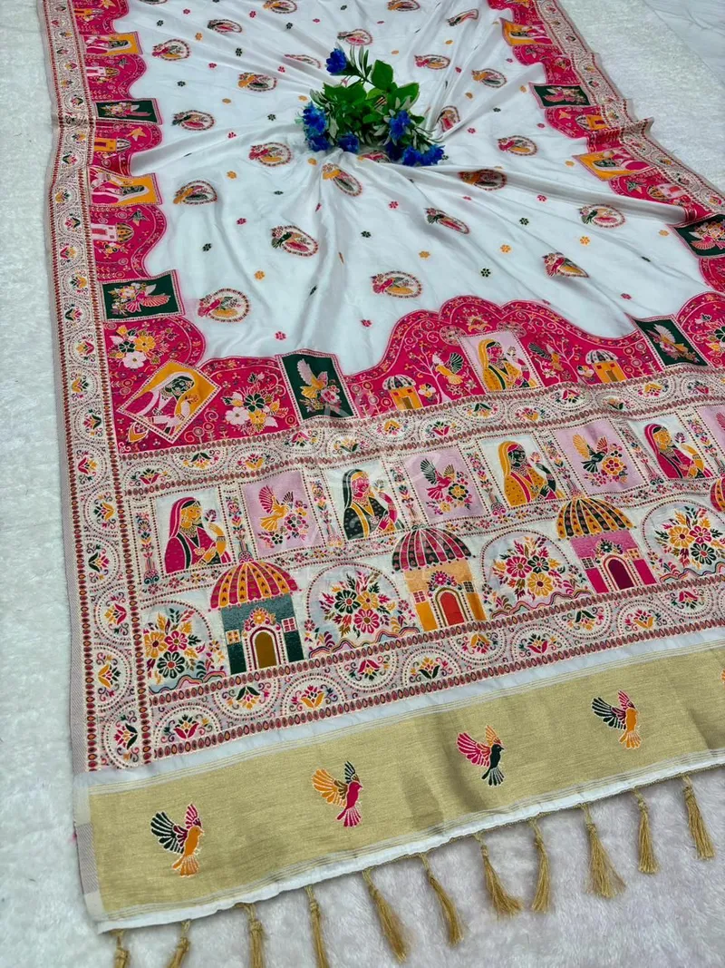 White Pashmina Silk Saree, Rajwadi Weave with Lagdi Patta Pallu — Pashmina