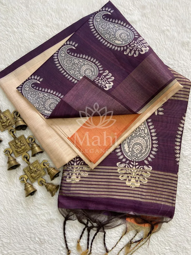 Wine Tussar Silk Saree, Digital Print with Tassels — Tussar