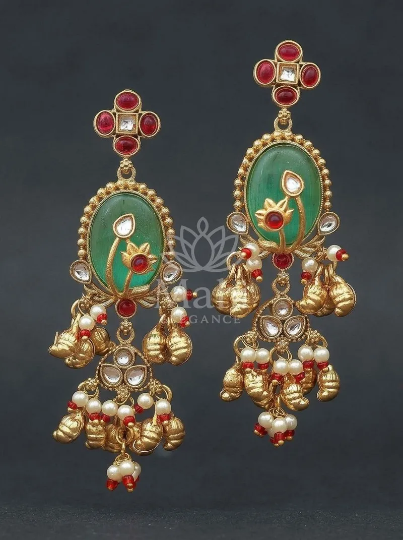 Floral Stone Bell Danglers — Brass Earring