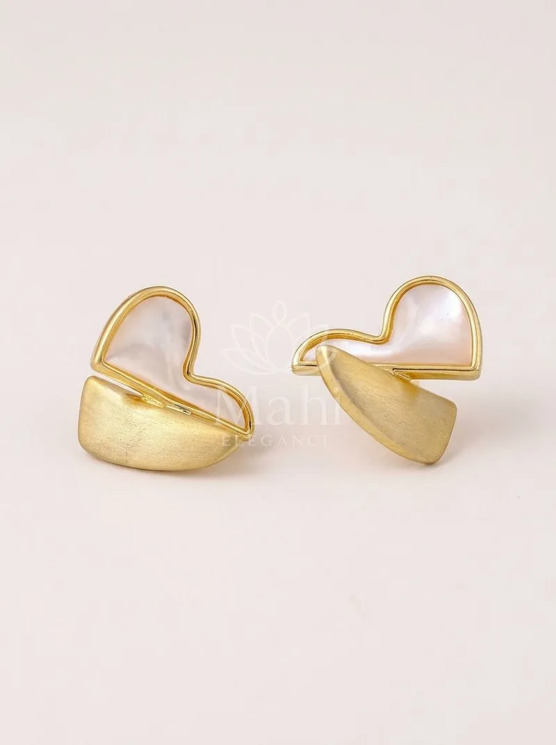 Asymmetric Heart Mother-of-Pearl Studs — Copper Alloy Earring