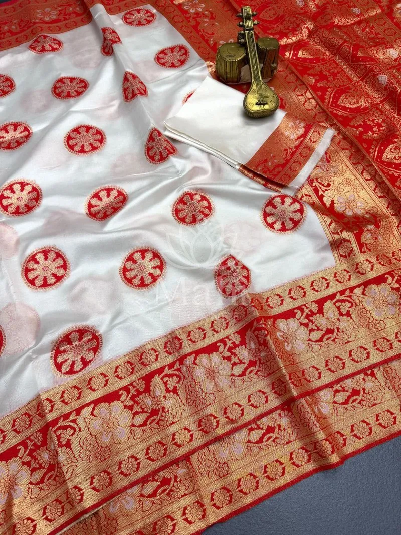White Banarasi Silk Saree, Zari Weave — Banarasi