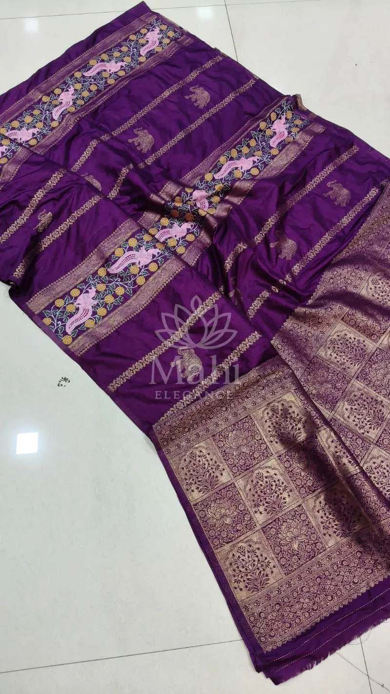 Purple Dola Silk Saree, Banarasi Meenakari Weave — Dola