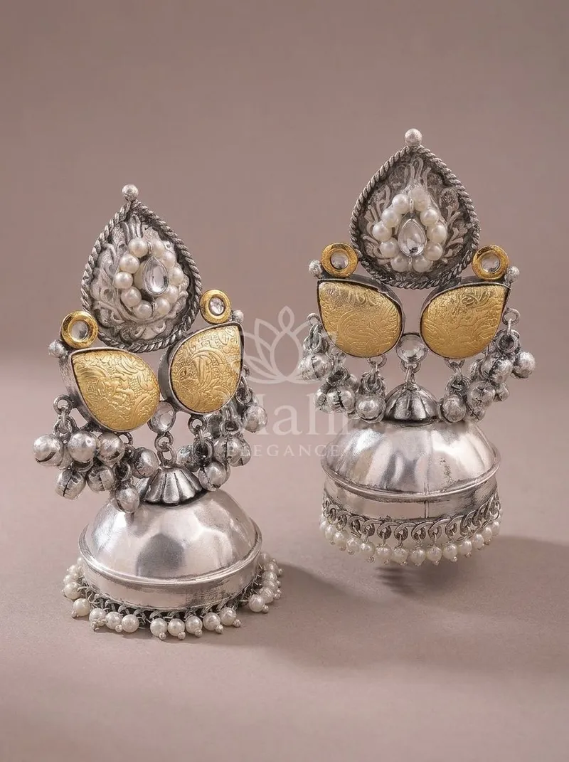 Two Tone Pearl Dome Jhumkas — Brass Earring