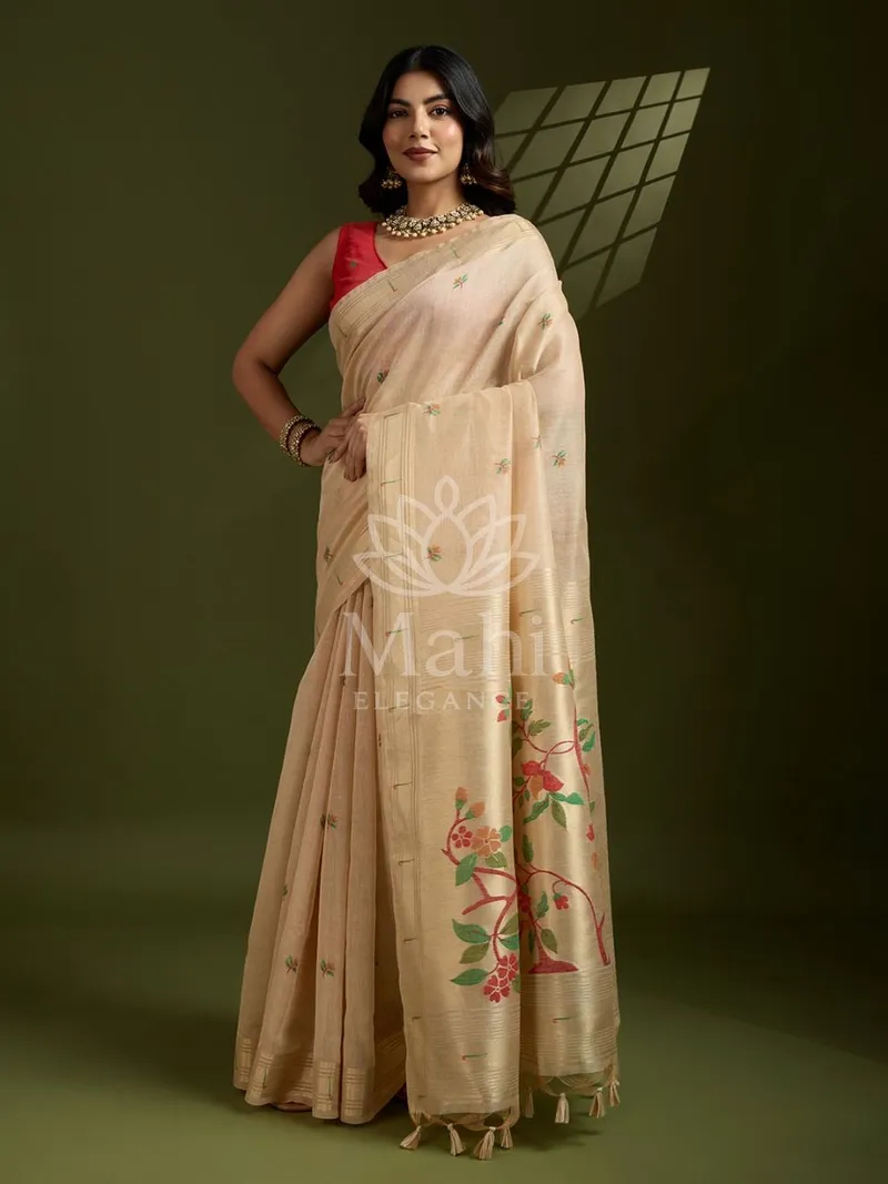Beige Muga Cotton Saree, Paithani Resham & Zari Weave — Muga-Cotton