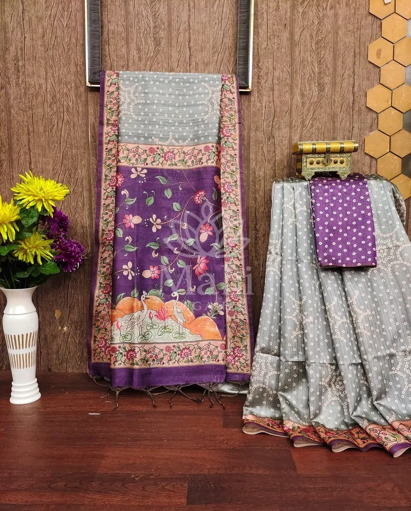 Mohini Gray Raw Silk Saree, Bandhani & Kalamkari Print — Bandhani