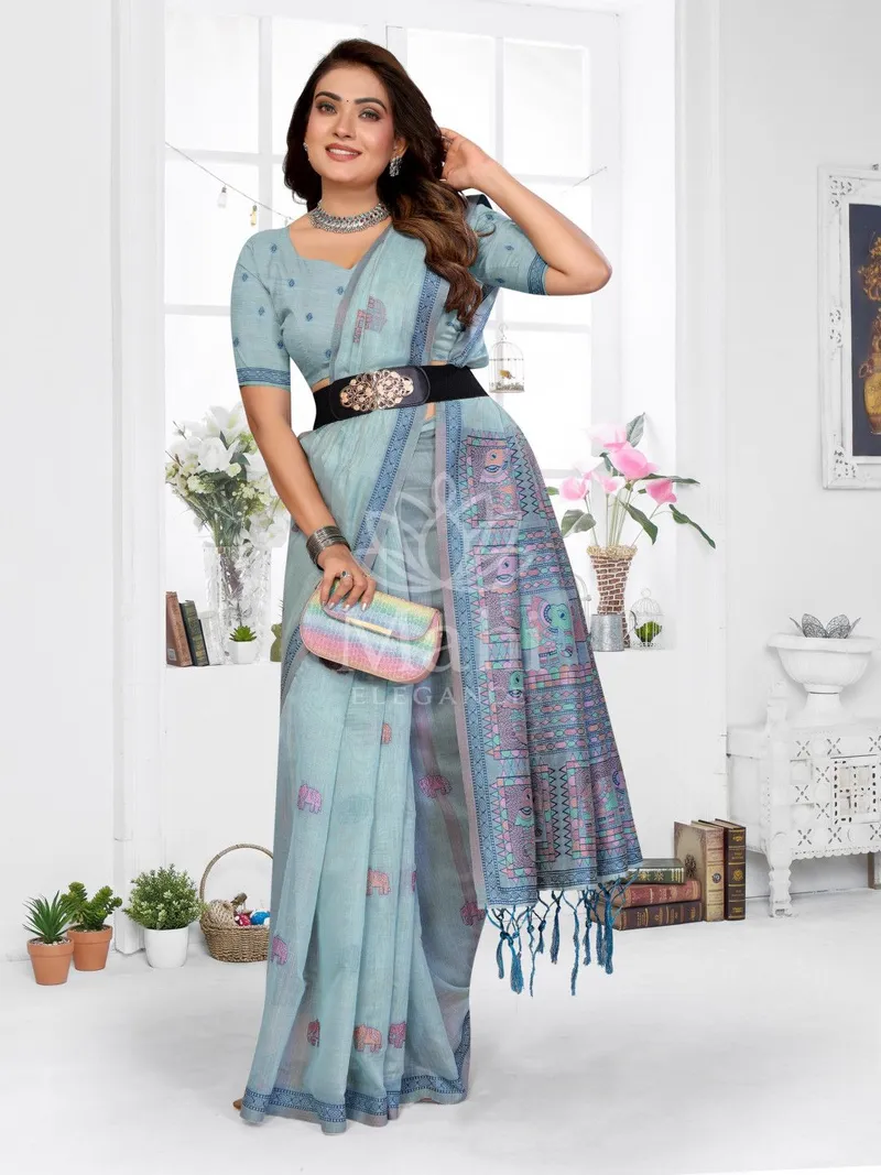 Sky Blue Muga Cotton Saree, Jacquard Weave — Cotton