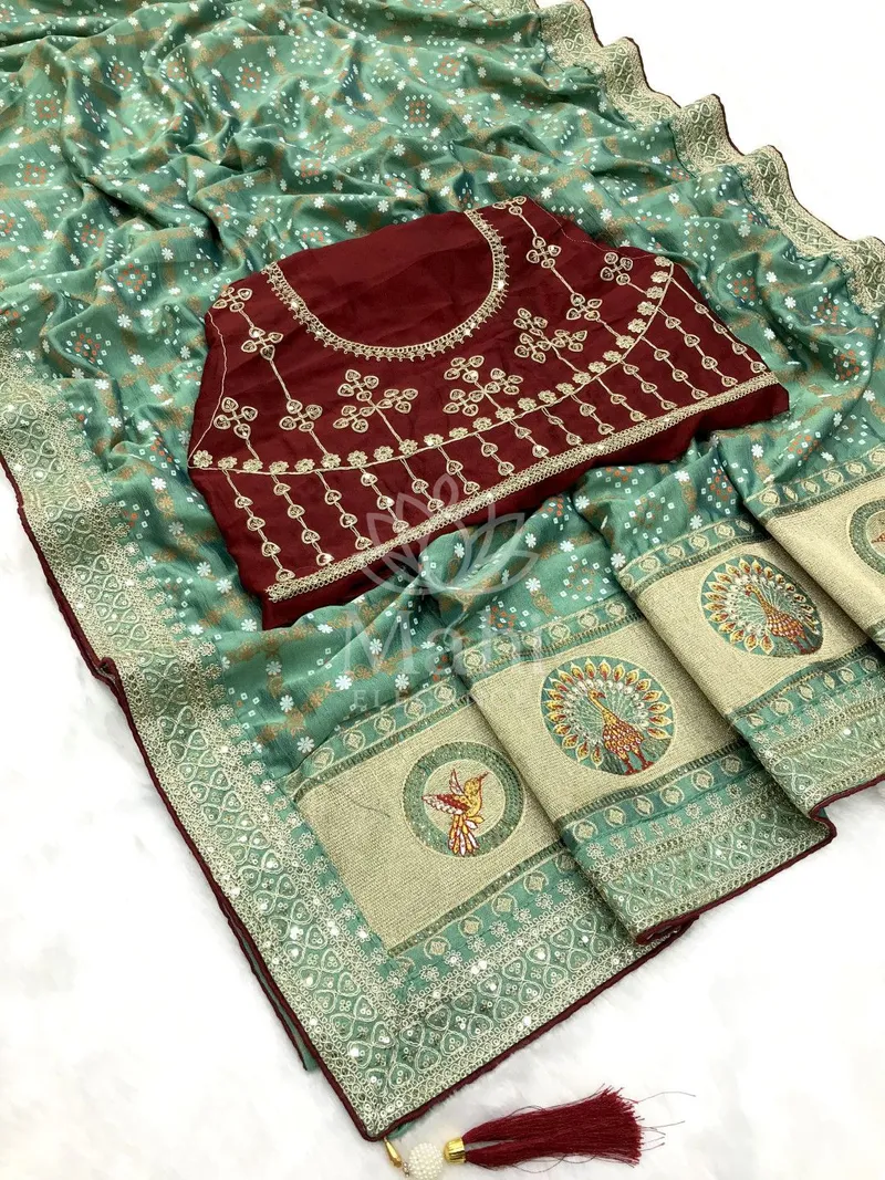 Sea Green Vichitra Silk Saree, Bandhani & Sequin Work — Bandhani