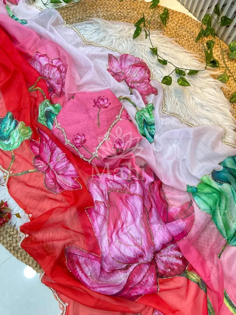 Red Organza Saree, Floral Print with Beads & Katdana Border — Organza