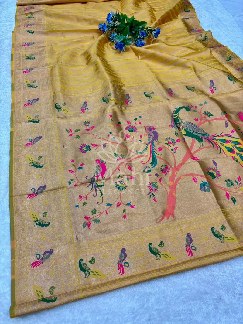 Aanya Yellow Paithani Silk Saree, Zari Weave — Paithani