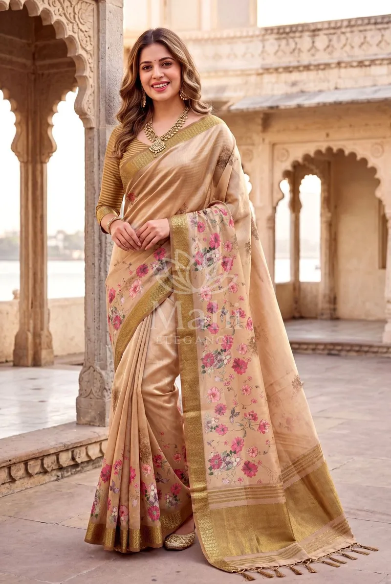 Beige Tussar Silk Saree, Digital Print — Tussar