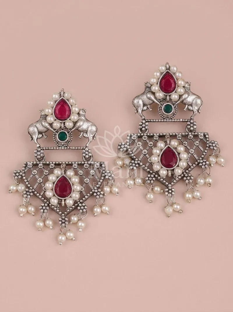 Twin Horse Pearl Danglers — Brass Earring