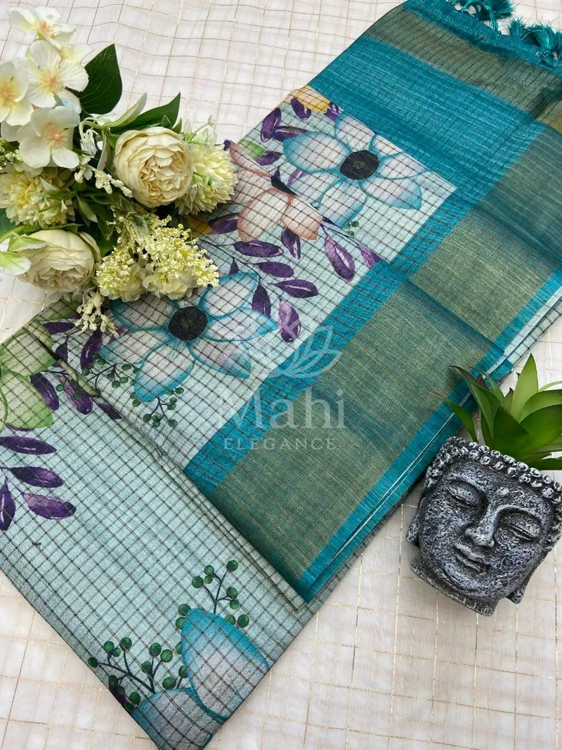 Blue Tussar Silk Saree, Digital Print & Zari Cheque — Tussar