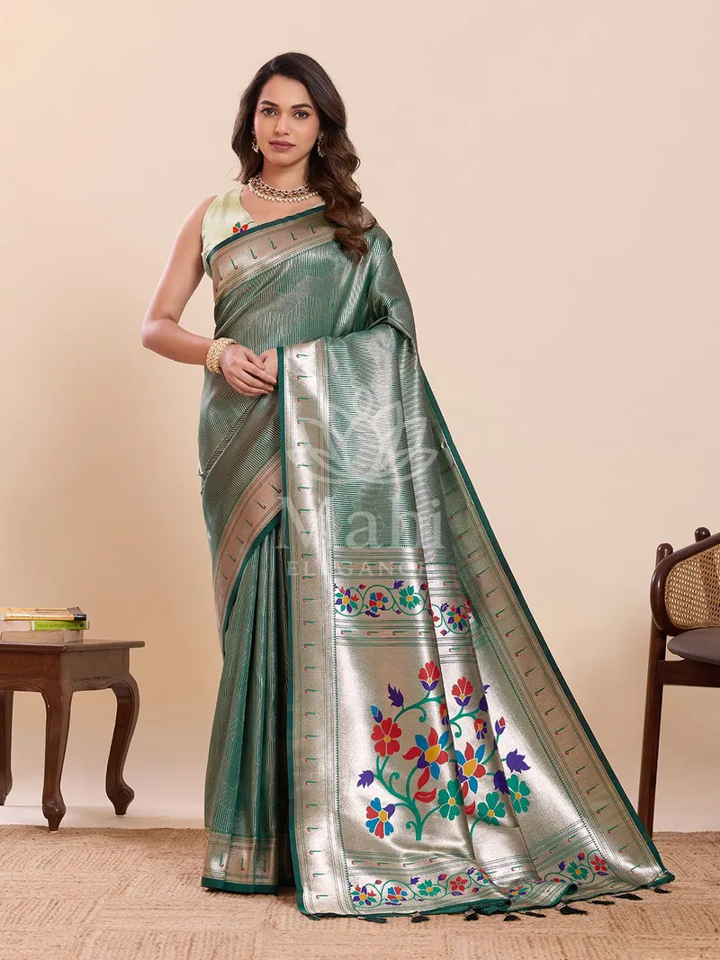 Mahi Green Paithani Silk Saree, Zari Weave — Paithani
