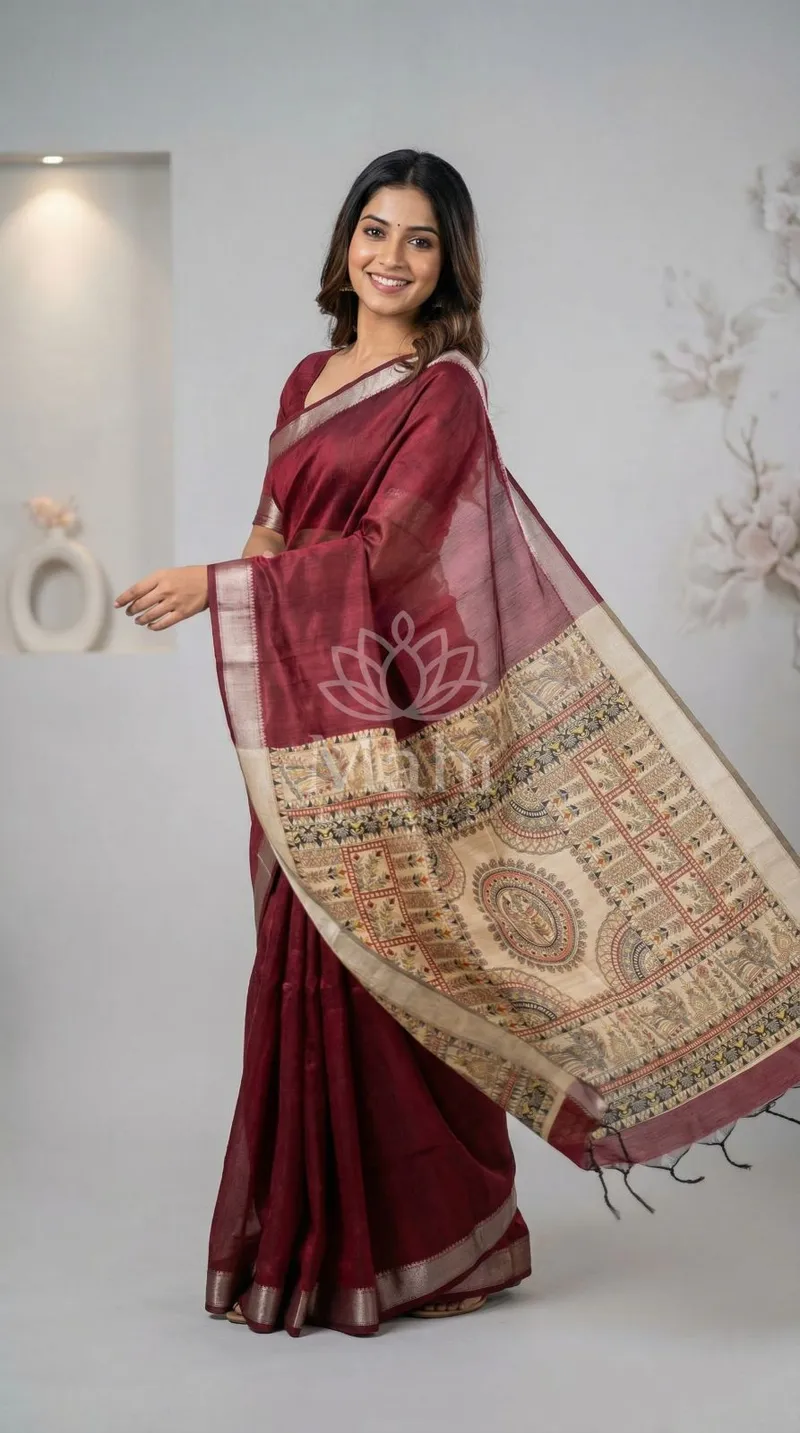 Maroon Khadi Raw Silk Saree, Madhubani Print — Raw Silk