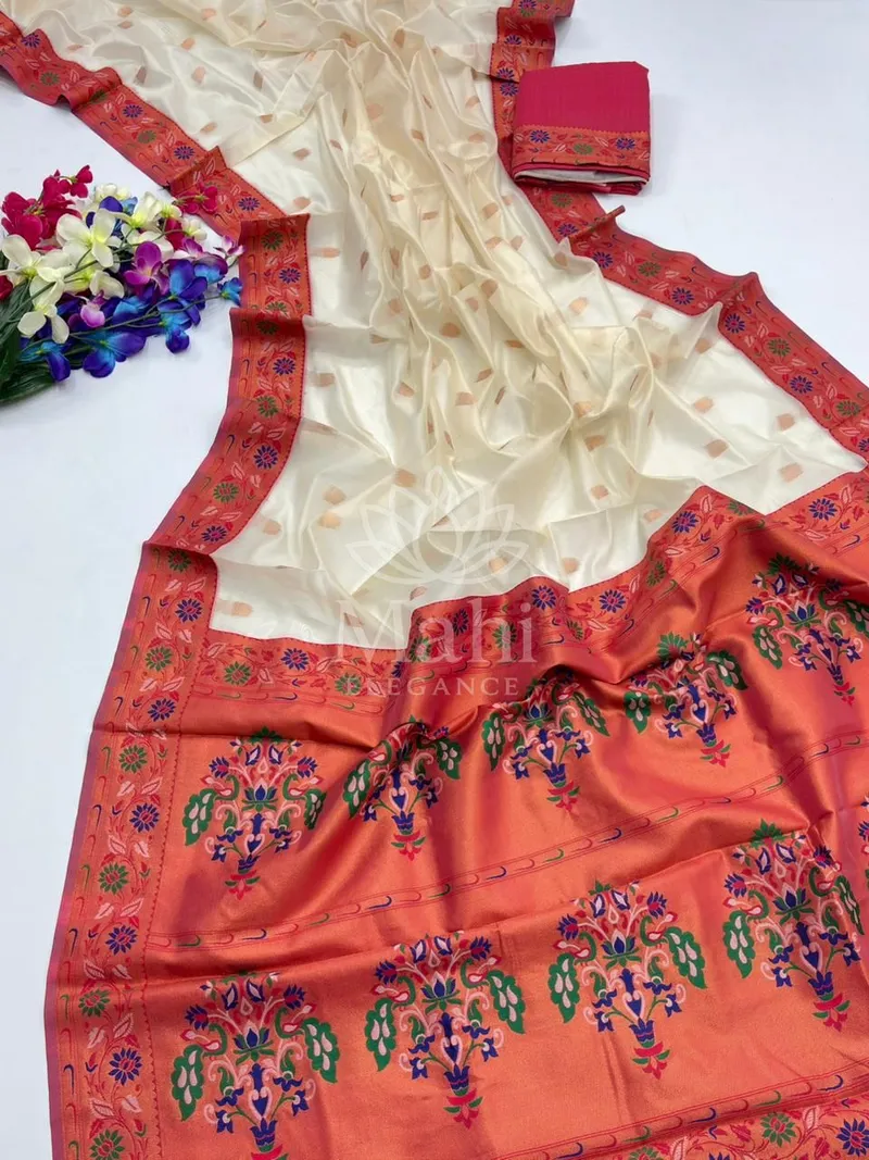 White Paithani Tissue Silk Saree, Zari Weave — Paithani