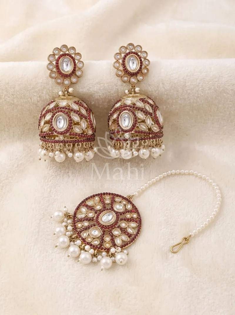 Kundan Leaf Dome Jhumkas With Mangtika — Alloy Earring
