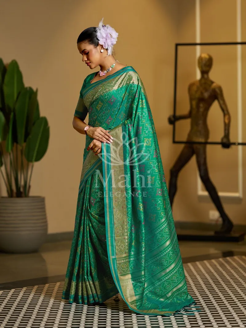 Mohini Green Patola Silk Saree, Zari Weave — Patola