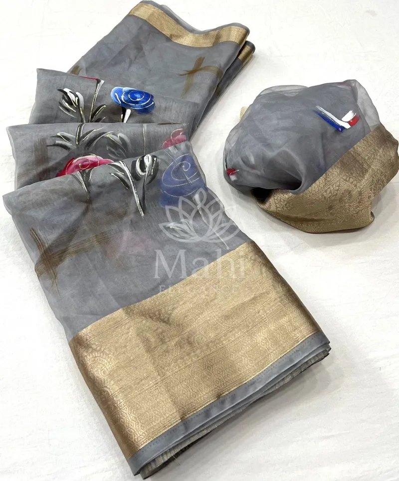 Gray Organza Silk Saree, Printed Work — Organza