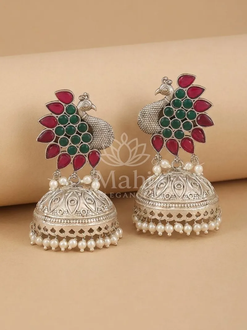 Peacock Motif Pearl Fringe Jhumkas — Brass Earring