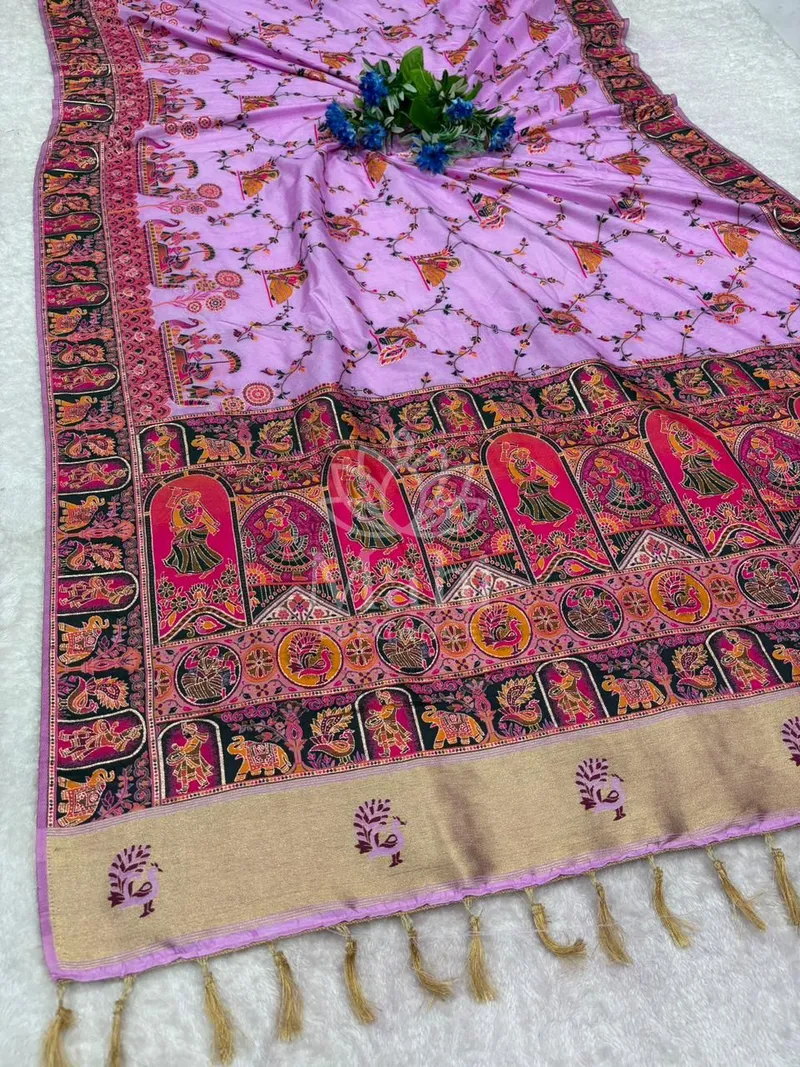 Baby Pink Pashmina Silk Saree, Rajwadi Weave with Lagdi Patta — Pashmina