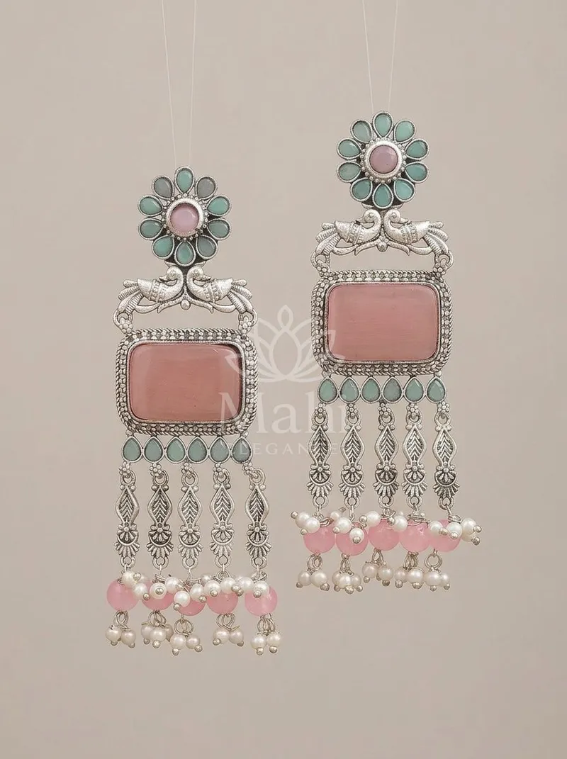 Peacock Motif Stone Danglers — Brass Earring