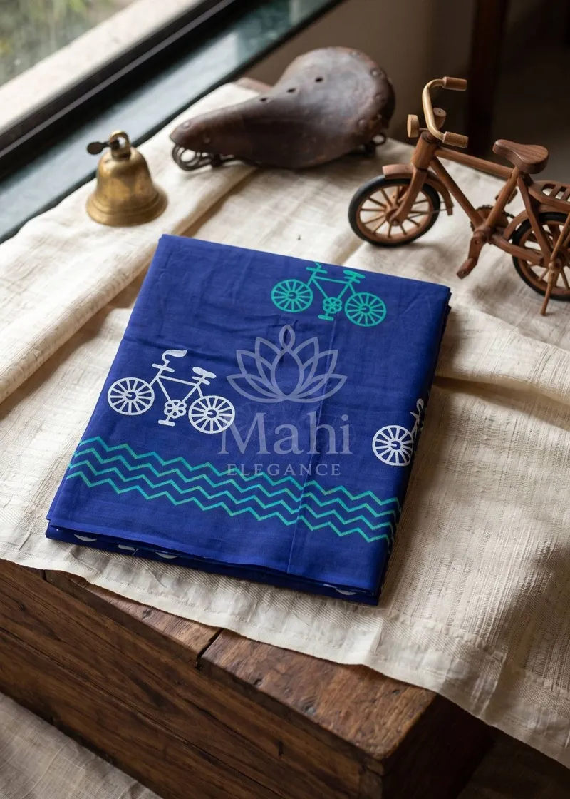 Blue Cotton Saree, Bagru Print — Cotton
