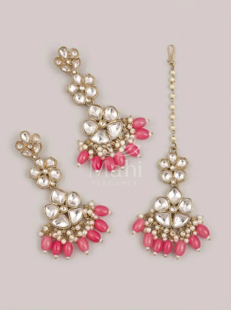 Kundan Floral Danglers With Mangtika — Alloy Earring