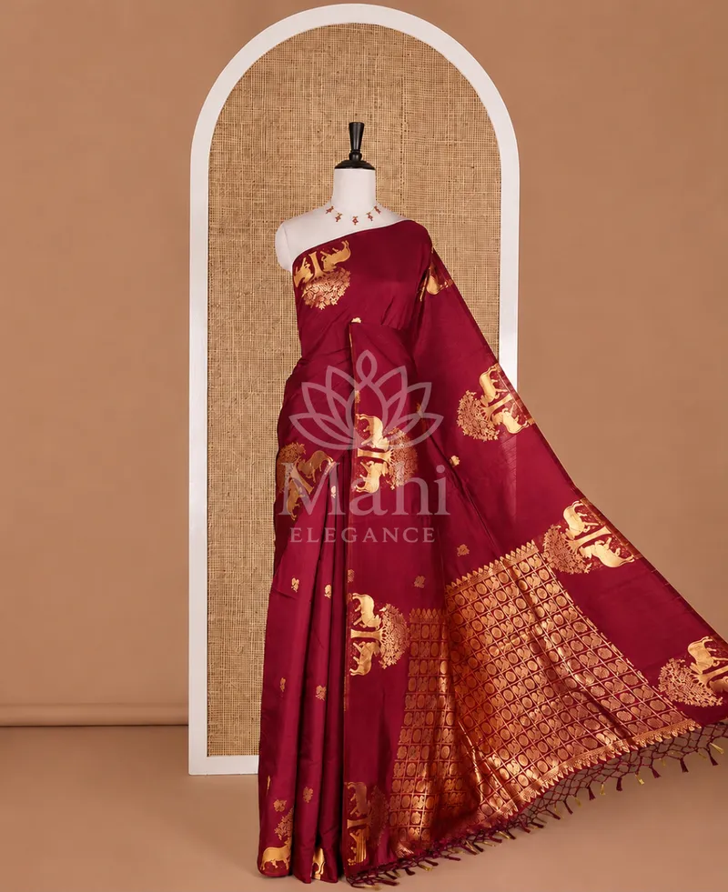 Maroon Banarasi Raw Silk Saree, Zari Weave — Raw Silk