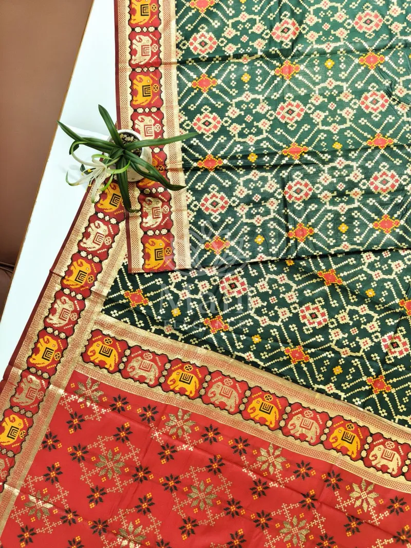 Green and Red Patola Silk Saree, Meena Zari Weave — Patola