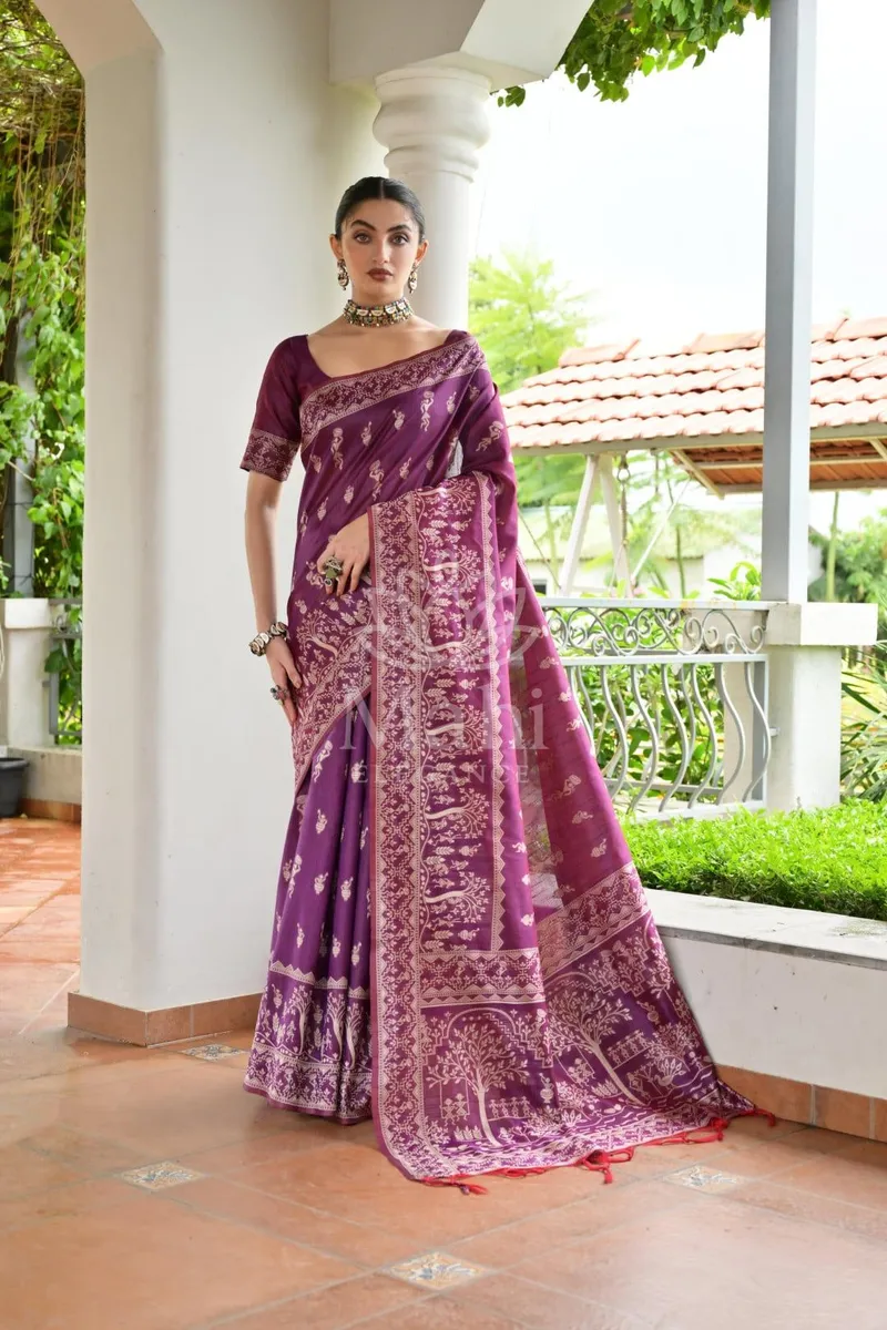 Magenta Raw Silk Saree, Contrast Weave — Raw Silk