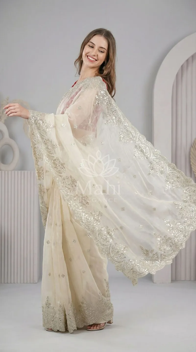 White Organza Saree, Sequin Embroidery & Cutting Border — Organza