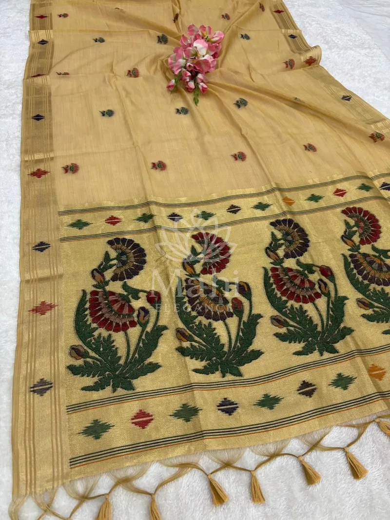 Yellow Muga Cotton Paithani Saree, Resham & Zari Weave — Paithani