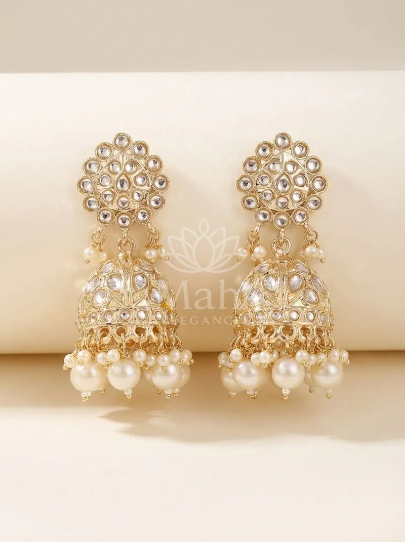 Kundan Floral Pearl Jhumkas — Alloy Earring