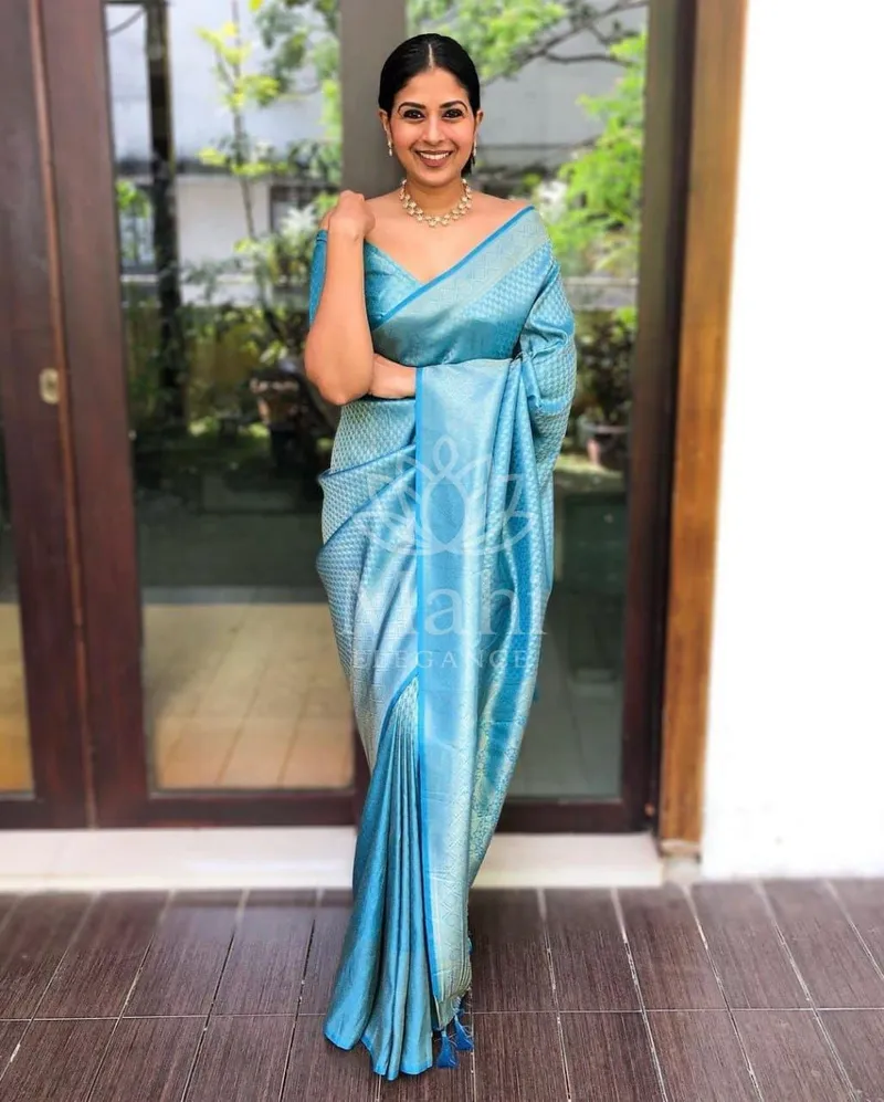 Sky Blue Banarasi Silk Saree, Zari Weave — Banarasi