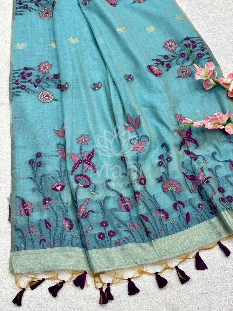 Sky Blue Muga Cotton Saree, Flower Weave — Cotton