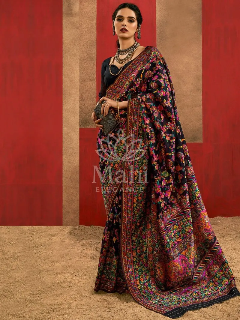 Mahi Black Pashmina Silk Saree, Woven Design — Pashmina